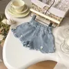 Shorts jeans casuais para crianças garotas de cintura elástica sólida aresta de jeans solto 1-6y crianças de verão de verão, roupas de tração nas calças