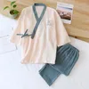 Women's Sleepwear Autumn Winter V-neck Thickening Candy Color Japanese Kimono Pajama Set Two Pieces Cotton Long Sleeve Pants Elastic