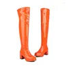부츠 특허 PU 가죽 오렌지 녹색 색상 오버 킨 여성 겨울 신발 플러스 크기 32-48 허벅지가 높은 길이 오버 니드 힐