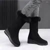 Boots High Women Warm Plexhide Ladies Long Confortable Winter Female Wedge Algody Cotton Shoes Mid-Calf Fur Zapatos Mujer