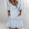 Основные повседневные платья летние женщины платье цветовое блок короткий рукав v -карманы с цветочным принтом мини -платье для вечеринки для вечеринки