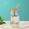 Wine Glasses 16oz Blue Floral Butterfly Pattern With Bamboo Lid Glass Straw Juice Ice Cream Bottle Suitable For Summer Gifts