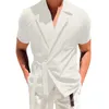 Mens Solid Color Cotton Linen Suit com lapela e amarração de camisa de manga curta Men 's Roupas 2024 moda e simples 240415
