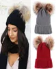 Winter Beanie Hat for Women Knitted Double Pom Pom Faux Fur Raccoon Ball Cap Bobble Skull Hats1305140