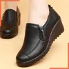 Sapatos de vestido bombas de mulher genuína couro cunha única mãe casual salto alto Spring outono feminina moda feminina