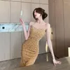 カジュアルドレス韓国の女性セクシーなバックレスサスペンダードレスデザイナー豪華なスパークリングスパンコールベスティドスレディースVネックイブニングパーティーロング