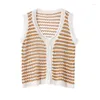 Gilet pour femmes 2024 Summer Women Fashion Sans manches Sexy Sexy Casual Striped Cotton and Linen Material V-Neck Tricoted Soft Cardigan College