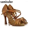 Sapatos de dança Bronze Rhinestone Latin Feminino Salas Ballroom Saltos Altos de 9cm Software de valsa VENDAÇÃO