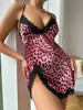 Women's Sleepwear Lace Trim Leopard Nightdress V Neck Backless Side Split Slip Slp Dress Womens Slpwear Dresses Y240426