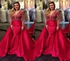 Fashion 2019 Red Satin Mermaid Overskirts Aftonklänningar med avtagbar tåg Turkiet spets långärmad promklänningar V Neck Formal P9442477