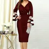 Casual Dresses Polyester Spandex Blend Dress Large Size Elegant Mesh Patchwork V Neck Party With Flared Sleeves Slim For Women's