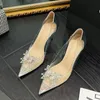 Sandálias de fadas de cristal pontiagudas sandálias de vento shinestone Butterfly-Knot transparente High Heel Women Fashion Shoes 240425