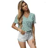 Bluzki damskie 2024 Summer Floral V-Neck Short-Sleeve Shirt