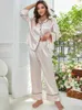 Women's Sleepwear Silk Satin Womens Pajamas Set Long Slve Notched Collar Top Wide Long Pants Slpwear 2 Pieces Female Nightwear Lounger Y240426