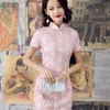 Casual Dresses Slim Cheongsam Thin Women Autumn Bodycon Button Floral Handmade spets tryckt klassiskt mode