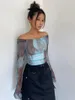 Magliette da donna stile moda stile sexy camicia da fondo in rete tinta tinta sottile in forma con la manica lunga