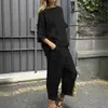 Kvinnors tvåbitar byxor Summer Casual Loose Two Piece Set Women Fashiona Solid Color Cotton Linen Tshirt Wide Leg Pants Two Piece Set Women Y240426