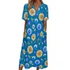 Casual Dresses Blue Retro Flower Dress Summer Peace Love Floral Streetwear Long Woman Elegant Maxi Birthday Present
