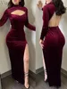 Vestidos casuais mulheres sexy cor sólida cor de veludo tassel cutout recortout slit maxi party vestido