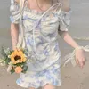 Party Dresses Soft Wind Floral Dress Women's 2024 Summer Sexy Mini Beach Casual Pure Tie Dye Corset High midje Slim Short Suspender kjol