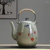 Hip Flasks Ceramic Big Teapot Hand-painted Retro Cooler Kettle Iron Handle Lifting Pot Restaurant Household