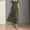 Basic Casual Dresses Women Summer Dress Square Neck Short Sleeves Pleated Loose Hem A-line Ankle Length Solid Mid-calf Length Lady Long Midi Dress