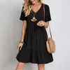 Zomer Solid Dres Casual Bohemian V Neck korte mouw ruches los een lijn mini -jurk elegant strand feestvestidos straat 240419