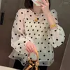 Vêtements de chemisiers pour femmes 2024 Ruffle Polka Dot Print Sweet Kawaii Blouse printemps été à manches longues à manches longues Chic