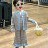 Clothing Sets 2024 Spring Children's Wear Girls' Checkered Knitted Sweater 3-piece Tank Top Wooden Ear Edge Trouser Set Clothes Girls