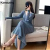 Casual Dresses France Elegant Blue Knitted Mermaid Women Vintage V-neck Warm Bodycon Evening Robe Korean Winter Chic Jumper