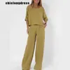 Women's Two Piece Pants Summer Fashion Cotton and Hemp Two Piece Set Women Casual Solid Round Neck Tshirt Wide Leg Pants Loose Two Piece Set Women Y240426