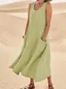 Summer women Casual Dresses pocket sleeveless round neck women's cotton linen dress loose home outdoor skirt