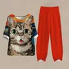 Calças de duas peças de feminino Resumo 3D Impressão de gato de meia-idade feminino de meia-idade terno de camiseta curta de tamanho curto