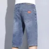 Mens Casual Appliques Summer Denim Short Pants Fashion Straight Stretch Loose Shorts Brand Multi Color Kne Length Jeans 240410