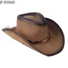 Breda randen hattar hink hattar nya % läder män kvinnor västerländsk cowboy hatt bred grim gudfader hattar gentleman kyrka sombrero hombre jazz cap y240425