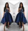 2022 Sexy Navy Blue Plus Size Cocktail Dresses Jewel Neck Illusion Lace Appliques Cap Sleeves High Low Short Prom Dress Homecoming9737586