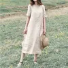 Женская мода повседневное сплошное цвет v Шея с коротким рукавом кружево хлопок и льняное платье