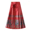 Skirts Chinese Vintage Printed One-Piece Wrap A-line Maxi Long Pleated Satin