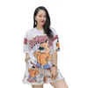 Women's Two Piece Pants Summer New Casual Shorts Suit Womens Heavy Embroidery Hot Drilling Beaded Cartoon Printed Short-Slved T-shirt Two-Piece Suit Y240426