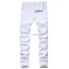 Men's Jeans European and American white motorcycle denim jeans personalized mens fashionable ripped pants plus sizeL2404