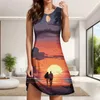 Casual Dresses Summer Bohemian Printed Tank Dress for Women O-Neck ärmlös knälängd Fashion Ladies A-Line Female Holiday