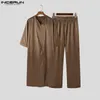 Men Muslim Sets Satin Solid Color Islamic Arabic V Neck Half Sleeve Kaftan Jubba Thobe Pants 2PCS Men Suits S-5XL INCERUN 240425
