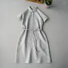 Party Dresses Summer Good Quality Flax Front Half Short Sleeve Dress Long Linen 0828-1