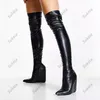 Boots Sukeia vrouwen springen over knie sexy wiggen hakken puntige teen elegante zwarte feestschoenen dames ons plus maat 5-15