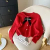 Women's Knits Harajuku Korean Fashion Pearl Button Warm Sweater 2024 Spring Office Lady Elastic Autumn Sweet Bow Knitted Cardigan Coat