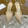 Summer Sandals Designer High Heel Wedding Shoes Water Diamond Decoration Women Fashion Back Hollow Toe Pointed Dress Shoes Metal Square Buckle Sexy stiletto 35-42