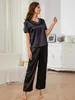 Dames Sleepwear Solid color Vrouwen Pyjama Set korte slev v nek tops met borstzak lange broek vrouwelijke 2 stuks slpwear nachtkleding y240426