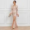 Runway Dresses Elegant Long Slve Sequin Evening Dress Gold Party Maxi Dress Y240426