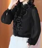 Blouses pour femmes Tops Fashion Silk Blouse 2024 Spring Summer Shirt Women Ruffle Shirts Ladies Flower déco manches longues Black Elegant Black