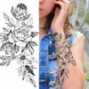 Tattoo Transfer Black Flower Temporary Tattoos Sticker Arm Sleeve Rose Moon Butterfly Snake Henna Body Decorate Realistic Fake 3D Women Totem 240427